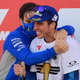 Joan Mir is embraced by Suzuki team manager Davide Brivio after Mir wins the 2020 MotoGP World Championship. Brivio now runs the Alpine Formula 1 Team.